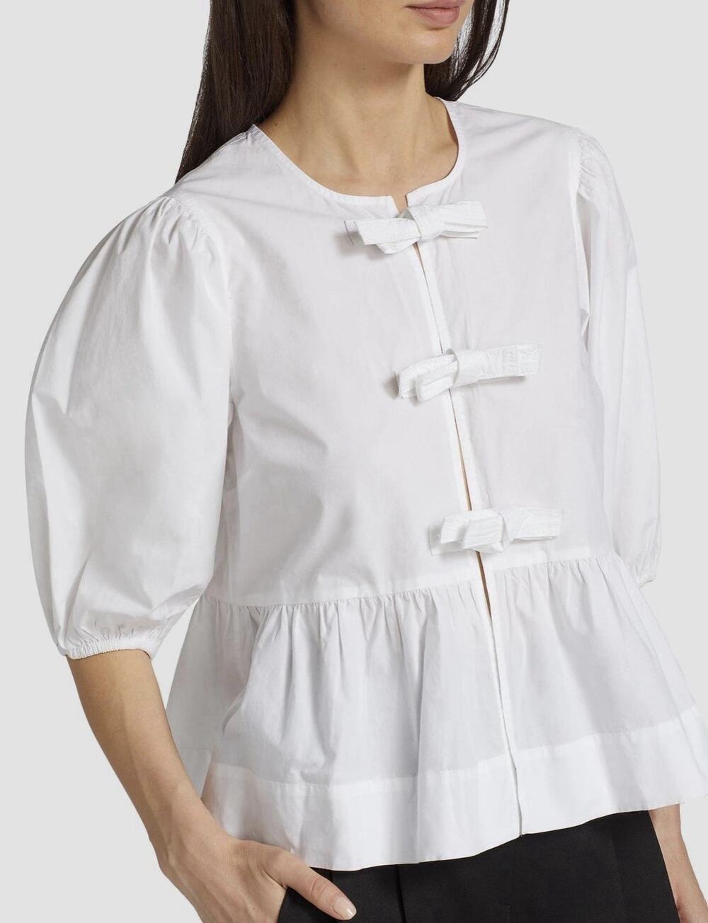 Ganni Bow-detail cotton poplin blouse Top White Puff Sleeve Elegant Size 2 XS